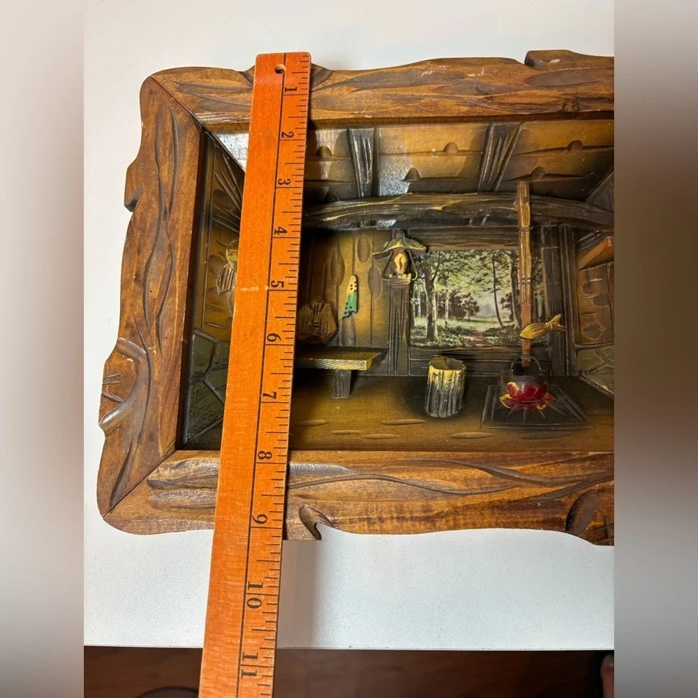Vintage 3D Hand Carved Wooden Shadow Box Diorama Rustic Fishing Cabin Interior